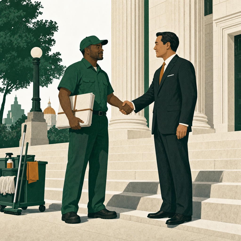 Illustration of a contractor shaking hands with a city official on courthouse steps