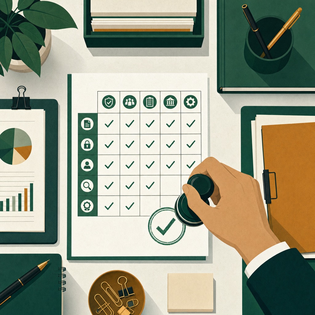 Illustration of a compliance checklist being stamped